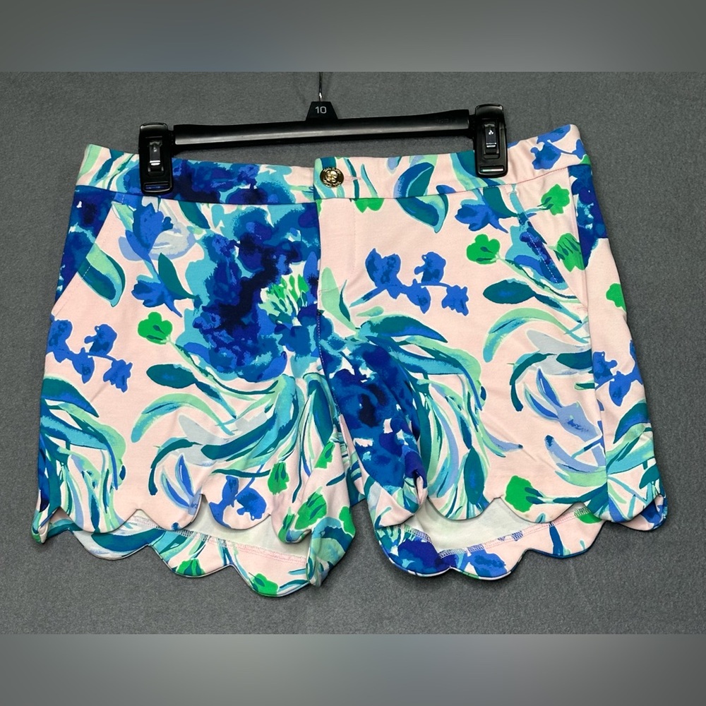Lilly Pulitzer Pink Floral Scallop-Hem Shorts with Blue & Green Print